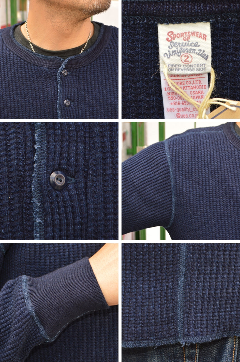 UES "66BW-I" BIG WAFFLT HENLEY NECK T-SHIRT INDIGO