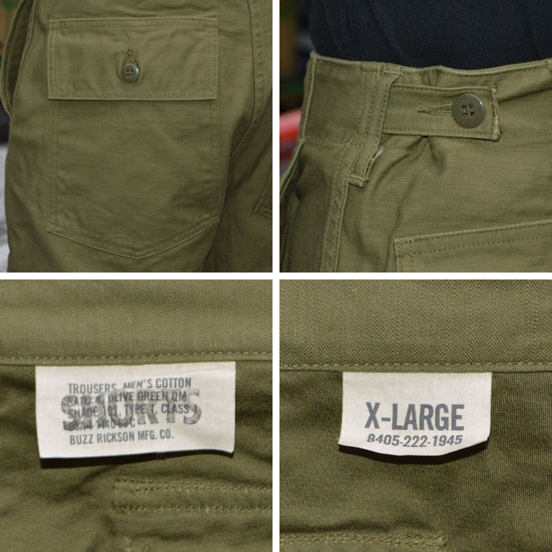 BUZZ RICKSON'S "BR51735" TROUSERS, MEN'S, COTTON SATEEN OLIVE GREEN QM SHADE 107, TYPE 1, CLASS SHORTS
