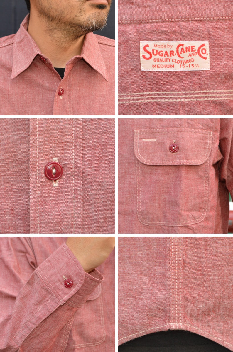 SUGAR CANE "SC29682" RED CHAMBRAY WORK SHIRT(LONG SLEEVE)