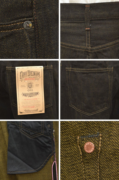 ONI DENIM "222 BKOL" 12oz Black × Olive Denim Super Wide Straight
