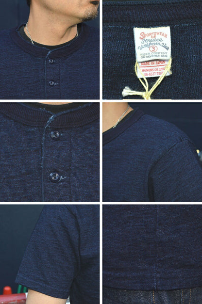 UES "662523" No.7 Yarn Dyed Indigo Henley Neck T-shirt