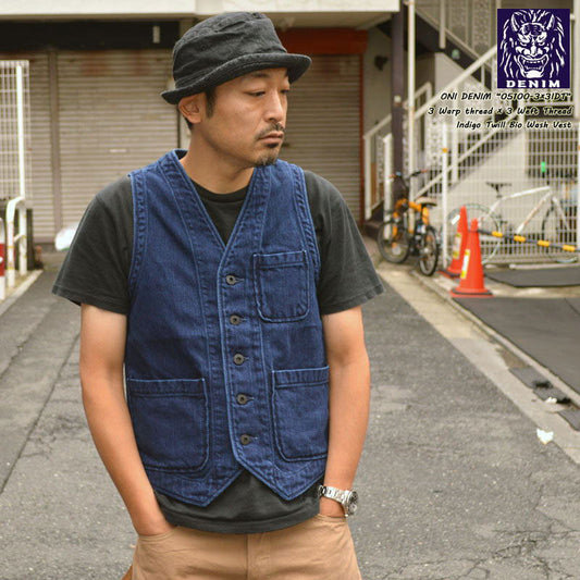 ONI DENIM "05100-3×3IDT" Indigo Twill Bio Wash Vest