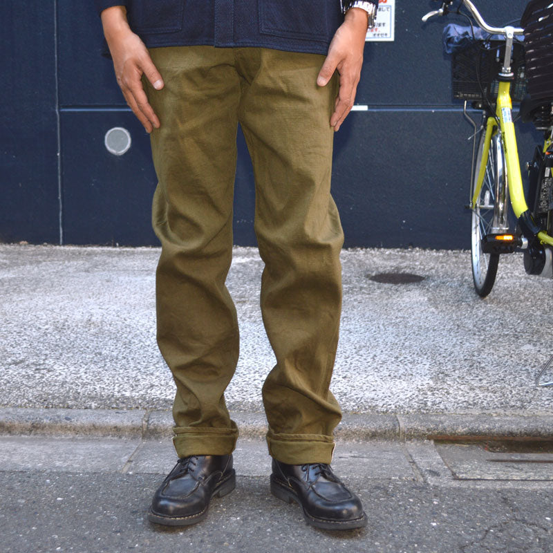 ONI DENIM "246-OLOL" 12oz tateyoko yarn-dyed sultide olive denim Neat Straight