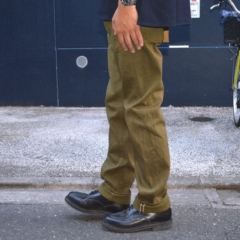 ONI DENIM "246-OLOL" 12oz tateyoko yarn-dyed sultide olive denim Neat Straight