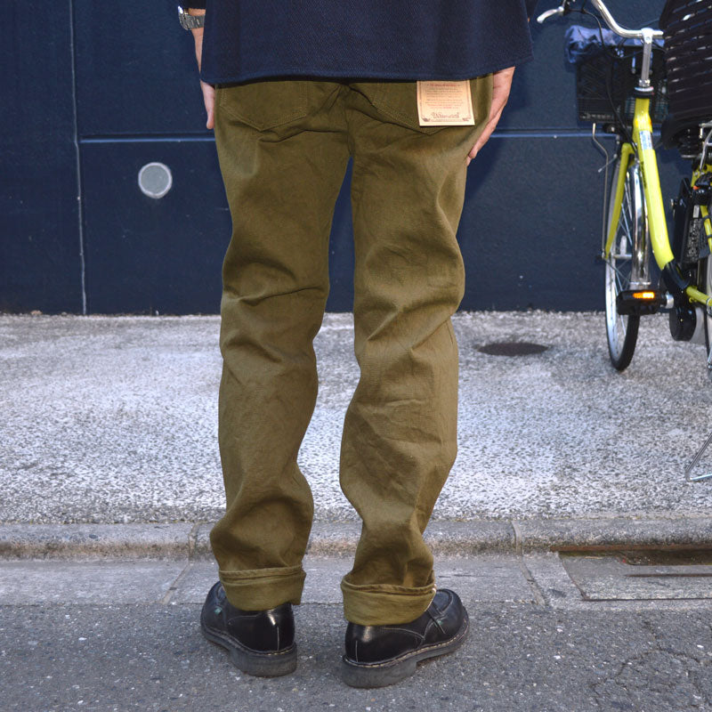 ONI DENIM "246-OLOL" 12oz tateyoko yarn-dyed sultide olive denim Neat Straight