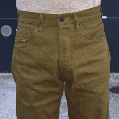 ONI DENIM "246-OLOL" 12oz tateyoko yarn-dyed sultide olive denim Neat Straight