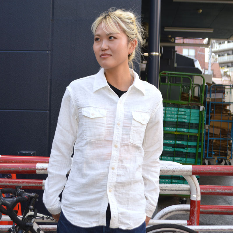 UES "502604" Herringbone Double Gauze Shirt White