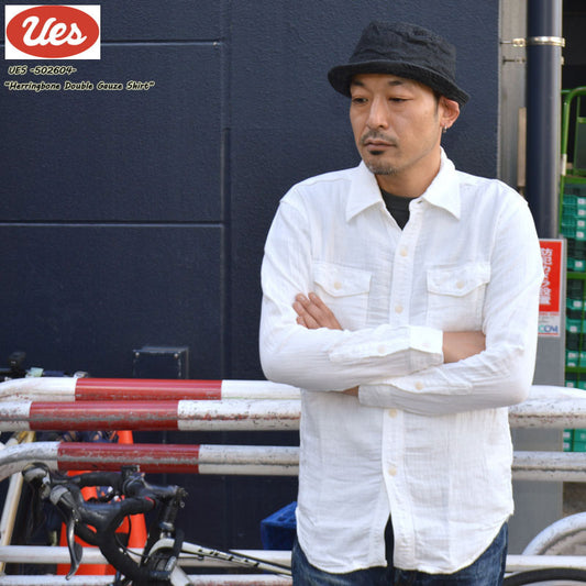 UES "502604" Herringbone Double Gauze Shirt White