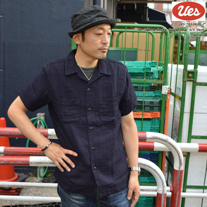 UES "552605-I" Herringbone Double Gauze Indigo S/S Shirt