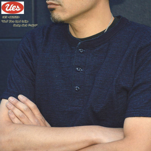 UES "662523" No.7 Yarn Dyed Indigo Henley Neck T-shirt