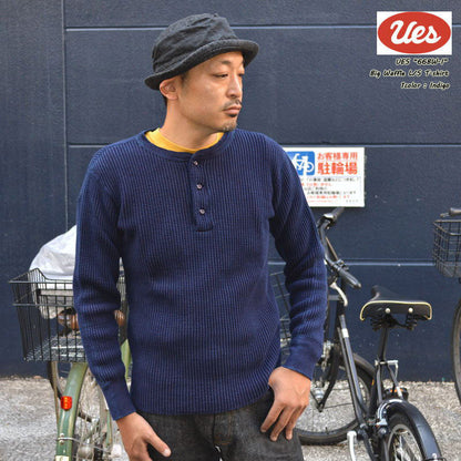 UES "66BW-I" INDIGO BIG WAFFLT HENLEY NECK T-SHIRT Thermal