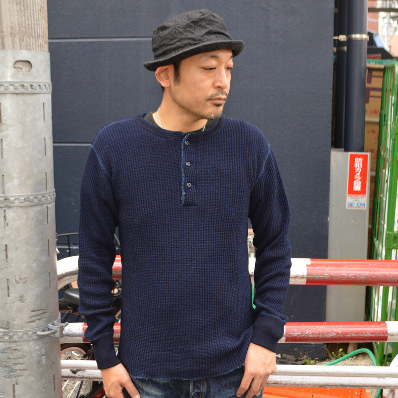 UES "66BW-I" BIG WAFFLT HENLEY NECK T-SHIRT INDIGO