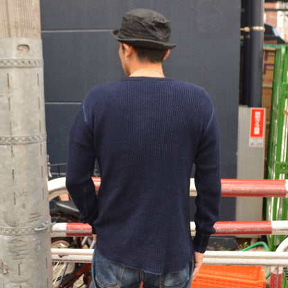 UES "66BW-I" BIG WAFFLT HENLEY NECK T-SHIRT INDIGO