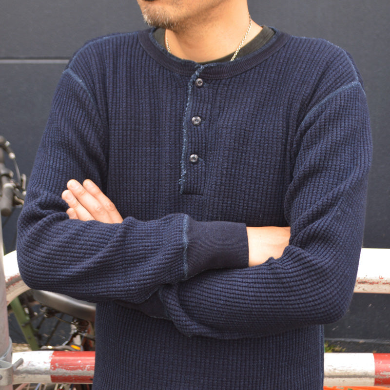 UES "66BW-I" BIG WAFFLT HENLEY NECK T-SHIRT INDIGO