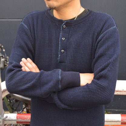 UES "66BW-I" BIG WAFFLT HENLEY NECK T-SHIRT INDIGO