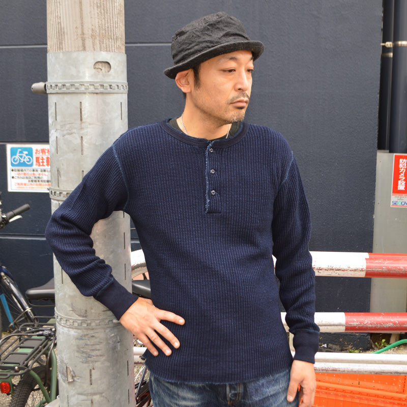 UES "66BW-I" BIG WAFFLT HENLEY NECK T-SHIRT INDIGO