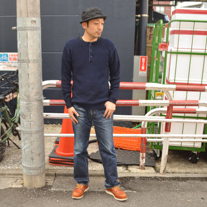 UES "66BW-I" BIG WAFFLT HENLEY NECK T-SHIRT INDIGO