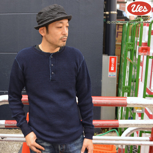 UES "66BW-I" BIG WAFFLT HENLEY NECK T-SHIRT INDIGO