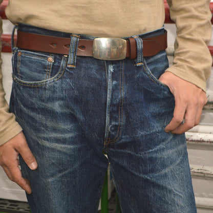 ART BROWN "ODB35035AB" 35mm Oiled Leather Belt With a Flat-Style Buckle