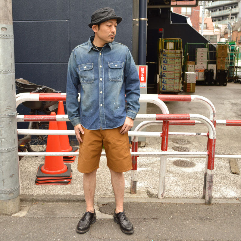 SUGAR CANE "SC29474" Blue Denim L/S Work Shirt Aged Model