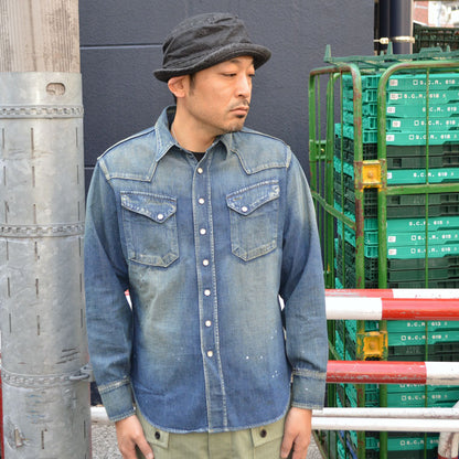 SUGAR CANE "SC29475" Blue Denim L/S Western Shirt Aged Model