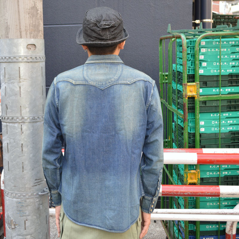SUGAR CANE "SC29475" Blue Denim L/S Western Shirt Aged Model