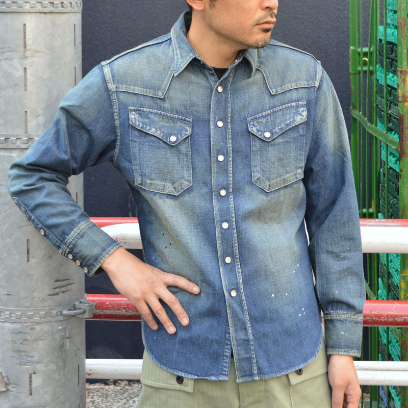 SUGAR CANE "SC29475" Blue Denim L/S Western Shirt Aged Model