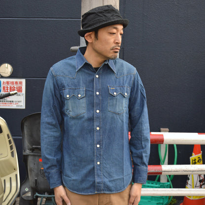SUGAR CANE "SC29684" Blue Denim L/S Western Shirt Aged Model