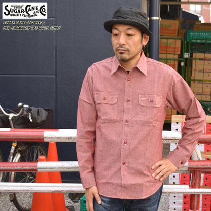SUGAR CANE "SC29682" RED CHAMBRAY WORK SHIRT（LONG SLEEVE）