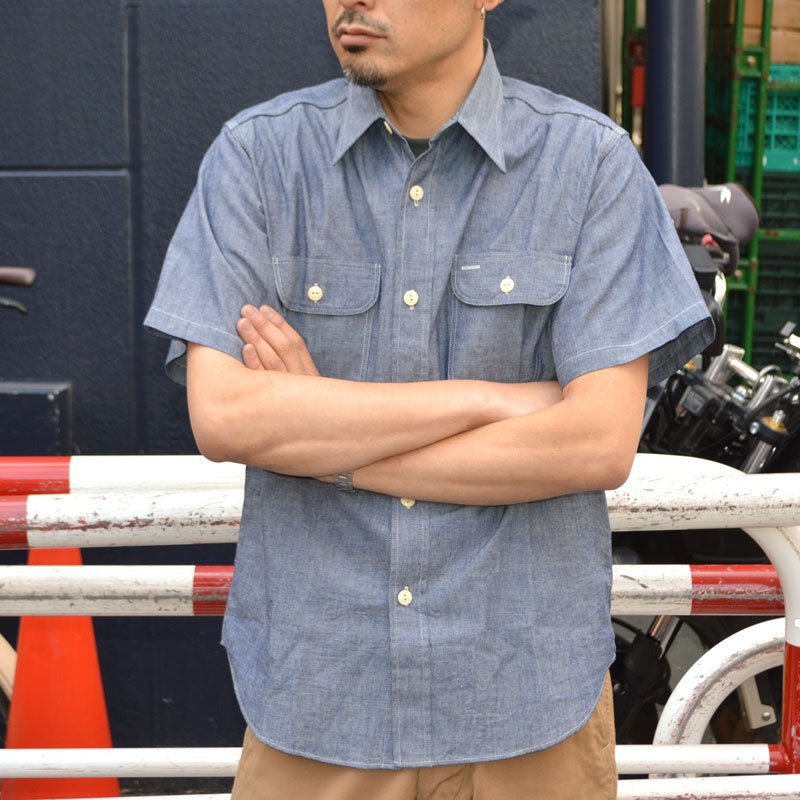 SUGAR CANE "SC37941" BLUE CHAMBRAY WORK SHIRT (SHORT SLEEVE)