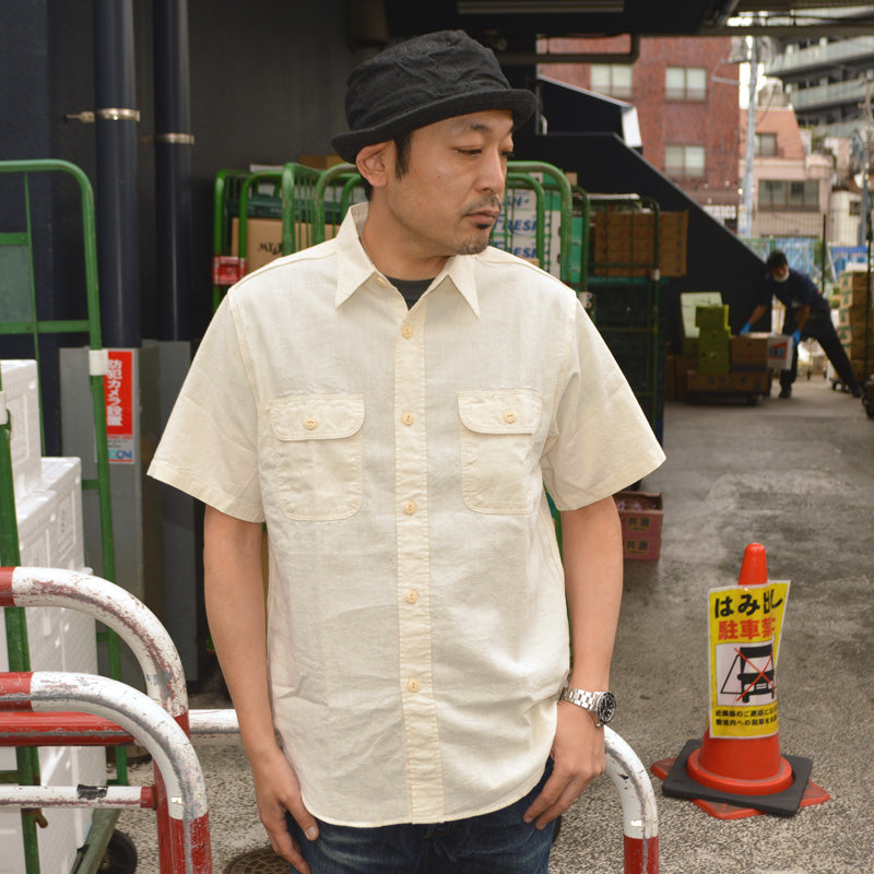 SUGAR CANE "SC37942" WHITE CHAMBRAY WORK SHIRT (SHORT SLEEVE)