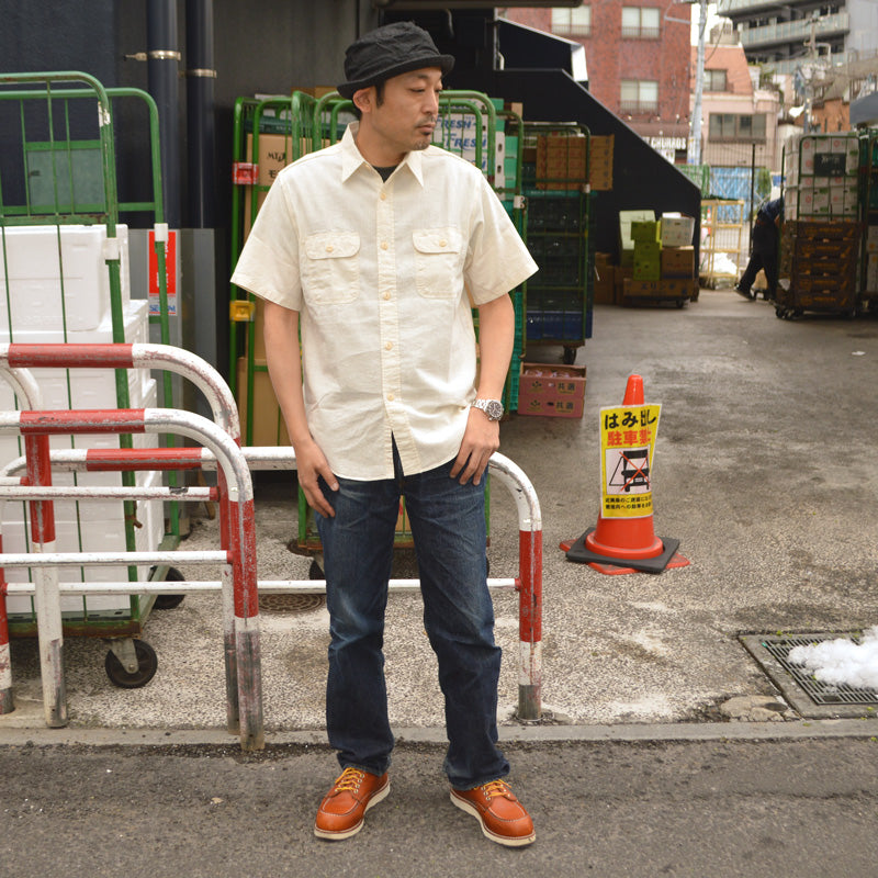 SUGAR CANE "SC37942" WHITE CHAMBRAY WORK SHIRT (SHORT SLEEVE)