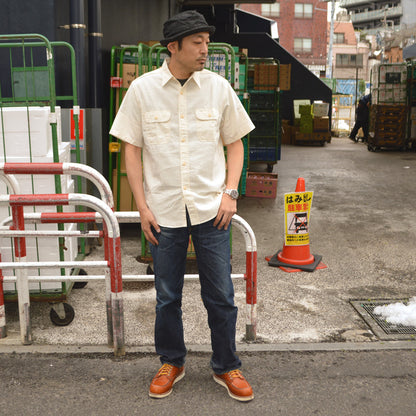 SUGAR CANE "SC37942" WHITE CHAMBRAY WORK SHIRT (SHORT SLEEVE)