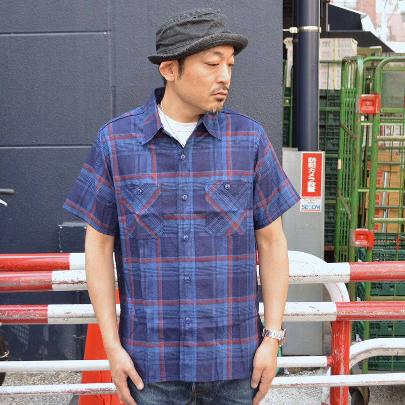 SUGAR CANE "SC39518" Indigo Check S/S Work Shirt