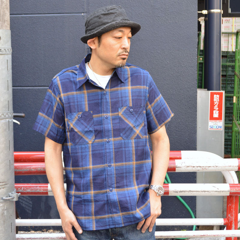 SUGAR CANE "SC39518" Indigo Check S/S Work Shirt