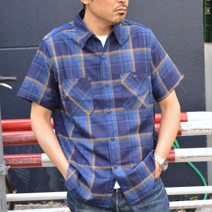SUGAR CANE "SC39518" Indigo Check S/S Work Shirt
