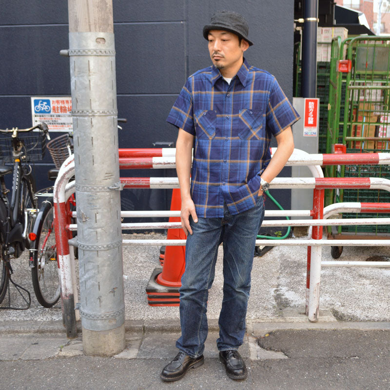 SUGAR CANE "SC39518" Indigo Check S/S Work Shirt