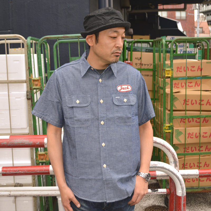SUGAR CANE "SC37941" CHAMBRAY WORK SHIRT with CHAIN EMBROIDERED