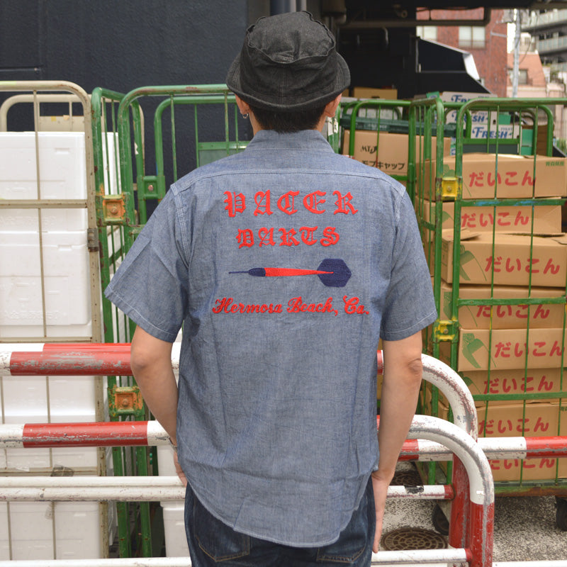 SUGAR CANE "SC37941" CHAMBRAY WORK SHIRT with CHAIN EMBROIDERED