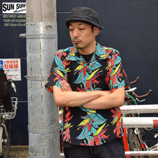 SUN SURF "SS39224" RAYON HAWAIIAN SHIRT ALOHA "BIRD OF PARADISE"