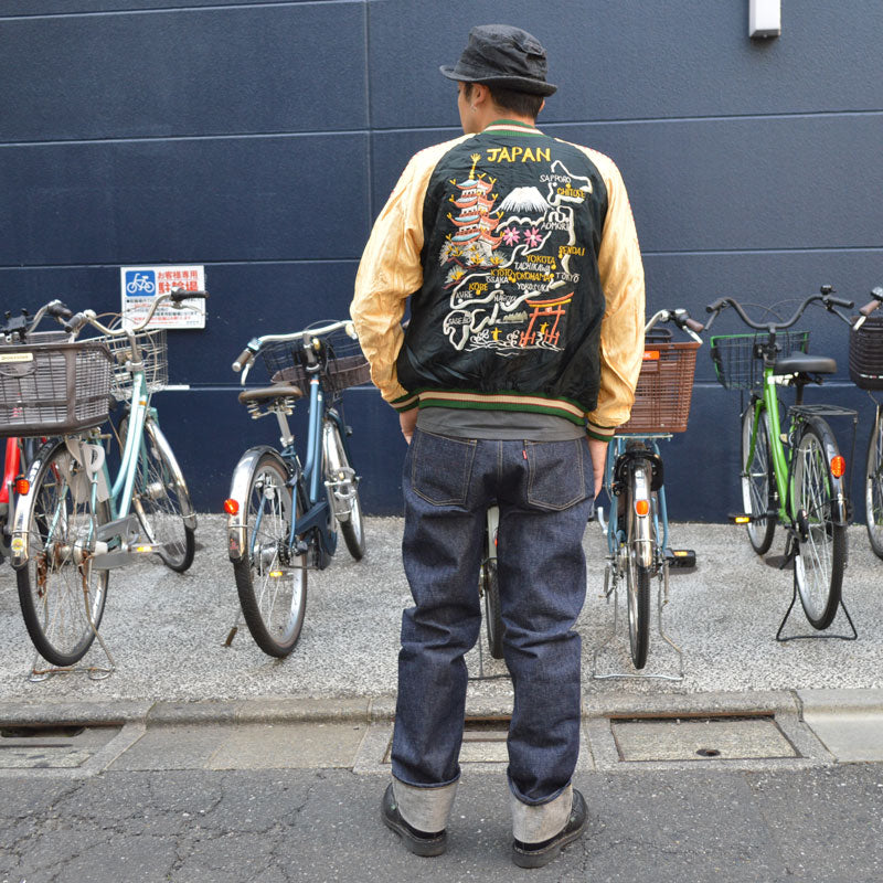 Black Friday!! 30%OFF!! TAILOR TOYO "TT15542-119" Early 1950s Style Acetate Souvenir Jacket “JAPAN MAP” × “GOLD DRAGON”