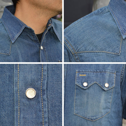 SUGAR CANE "SC29684" Blue Denim L/S Western Shirt Aged Model