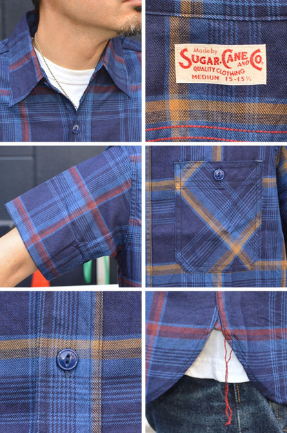 SUGAR CANE "SC39518" Indigo Check S/S Work Shirt