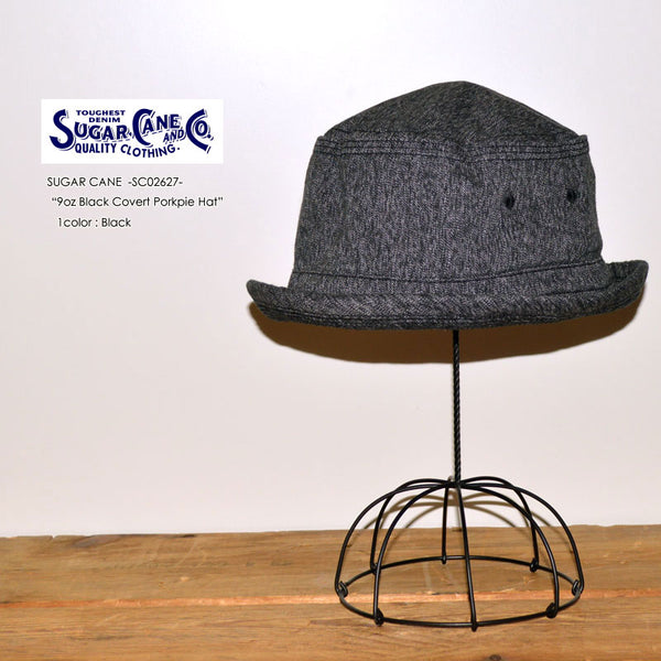 SUGAR CANE "SC02627" 9oz Black Covert Porkpie Hat